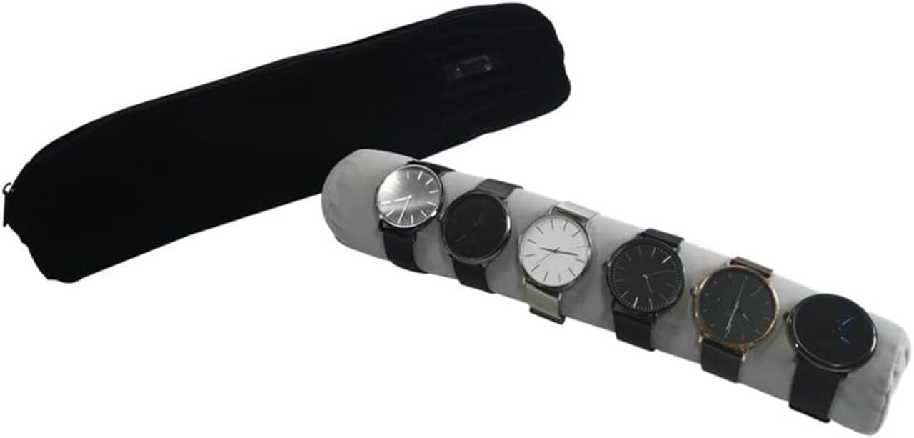 Bracelet, Bangle & Watch Travel Roll Pouch – Black & Gray Velvet Jewelry Organizer with Zipper and Removable Insert for Standard Size (12.5" W x 2.8" D, Black & White)